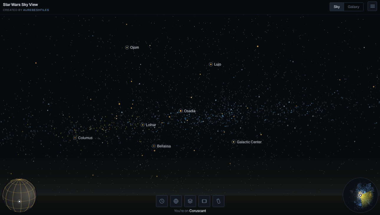 The night sky over a Star Wars world in Skyview, with the galaxy overhead