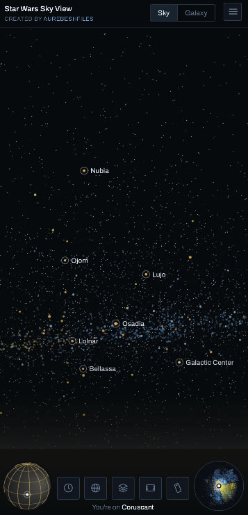 Skyview on a phone, the dock of controls along the bottom of the night sky